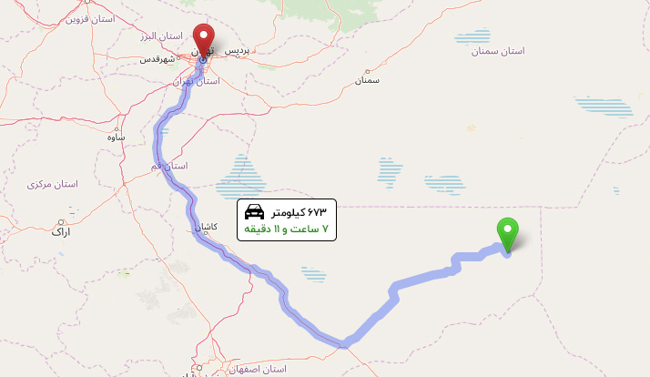فاصله تهران تا خور و بیابانک با خودرو شخصی و نقشه مسیر