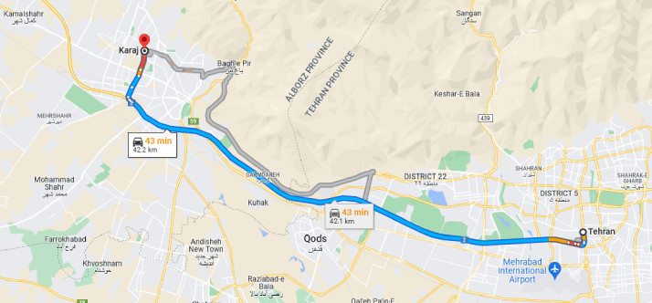 فاصله تهران تا کرج بر روی نقشه