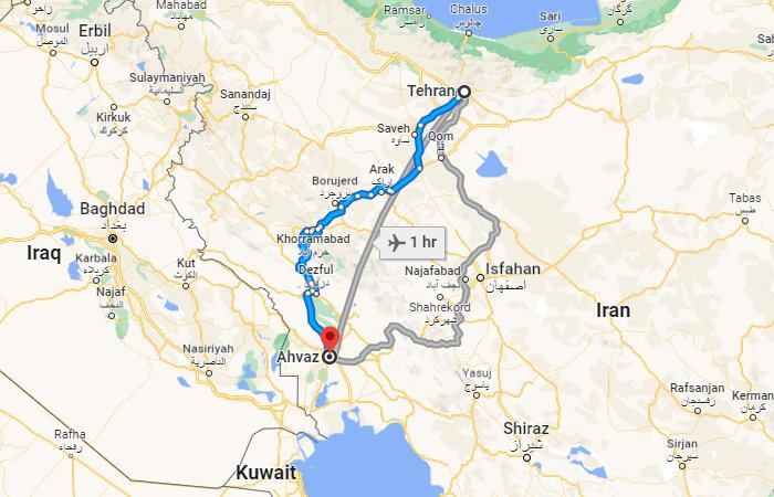 فاصله تهران تا اهواز